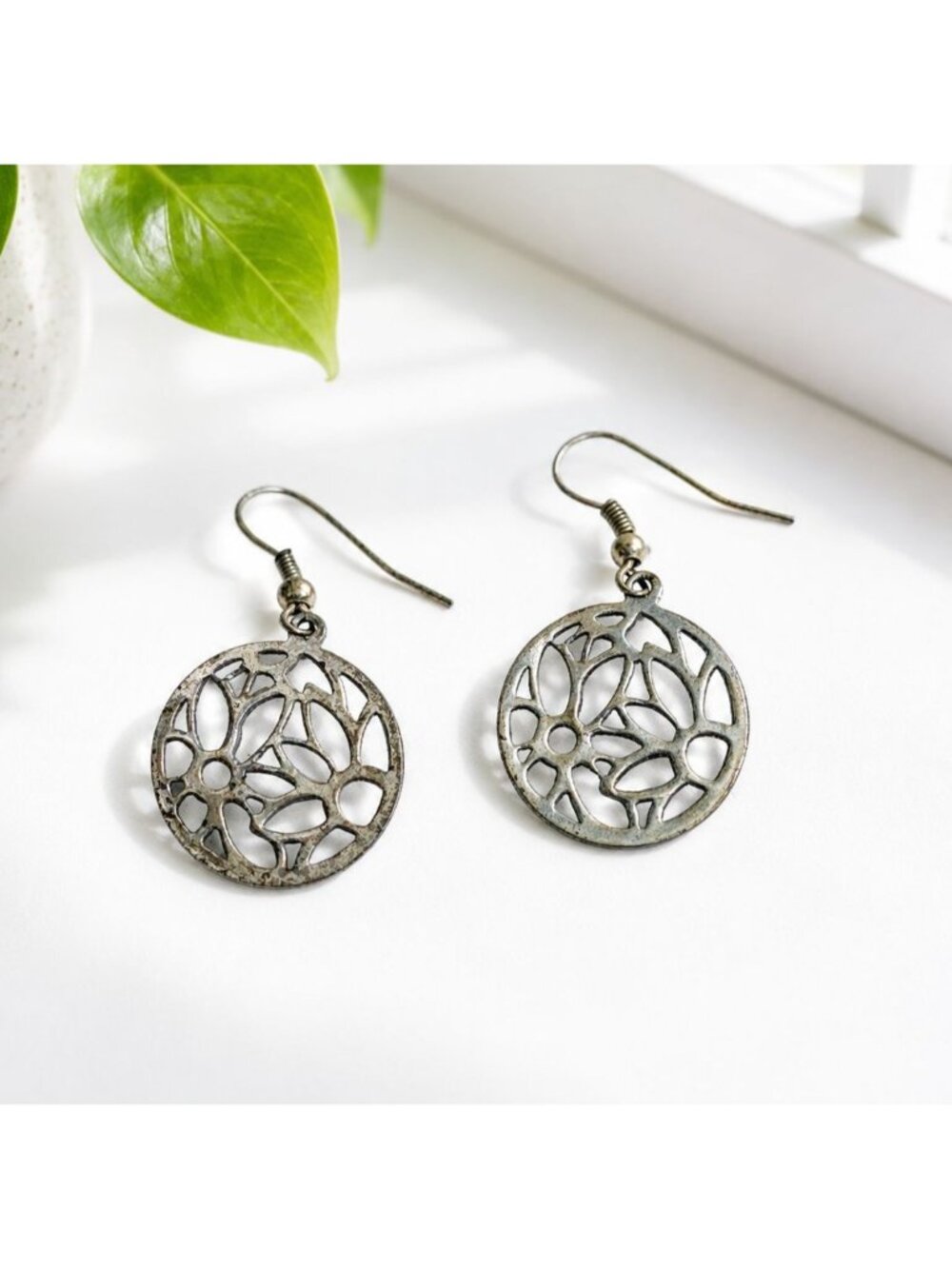 Vintage Round Filigree Dangle Earrings With Floral Cutout Design For Women 2-Inc